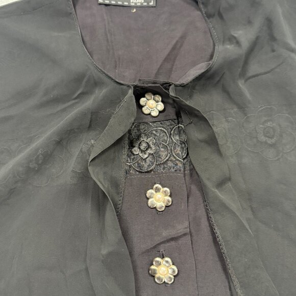 Vintage Sandro Paris Sheer Floral Embroidered Top Black Short Sleeves - Picture 6 of 14